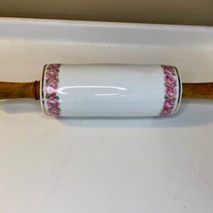 Victorian Porcelain Rolling Pin w/ Wooden Handles Rose Floral & Gold Cottagecore